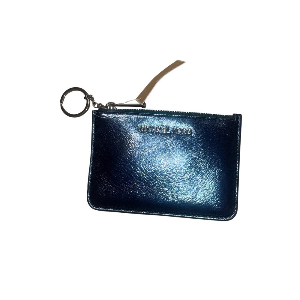 New with tags $188 Michael Kors Metallic Blue Leather Pouch Zipper Key Ring - Picture 5 of 15